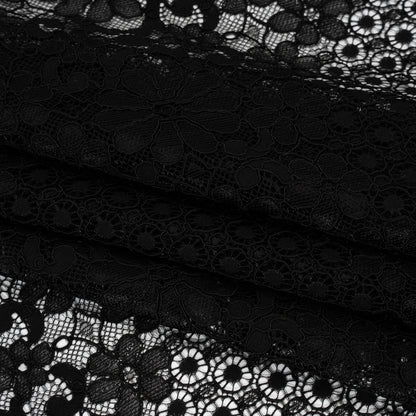 Rayon and Nylon Corded Lace with Scalloped Finished Edges - Black Flower and Dot Stripes