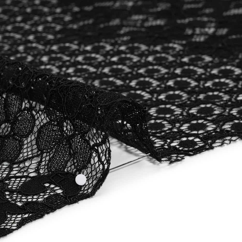 Rayon and Nylon Corded Lace with Scalloped Finished Edges - Black Flower and Dot Stripes - Detail