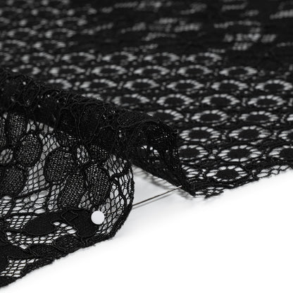 Rayon and Nylon Corded Lace with Scalloped Finished Edges - Black Flower and Dot Stripes