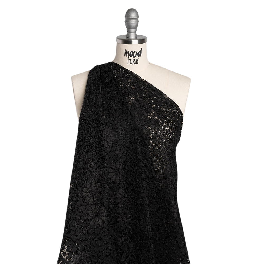 Rayon and Nylon Corded Lace with Scalloped Finished Edges - Black Flower and Dot Stripes - Drape