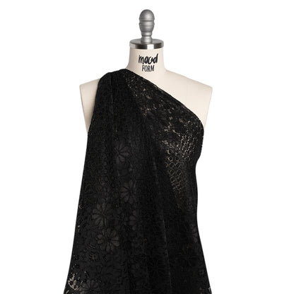 Rayon and Nylon Corded Lace with Scalloped Finished Edges - Black Flower and Dot Stripes