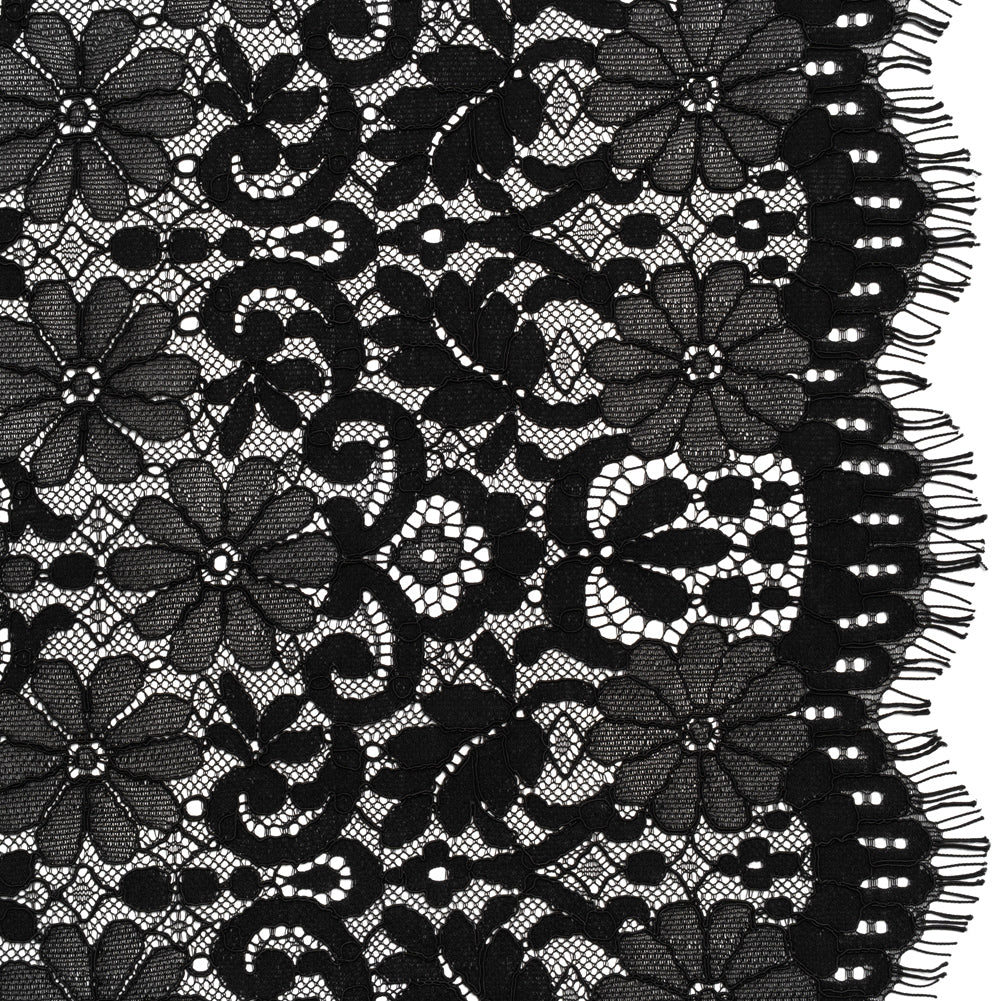 Rayon and Nylon Corded Lace with Scalloped Finished Edges - Black Flower and Dot Stripes