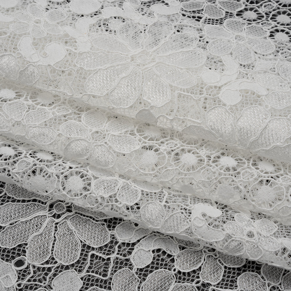 Rayon and Nylon Corded Lace with Scalloped Finished Edges - Ivory Flower and Dot Stripes - Folded