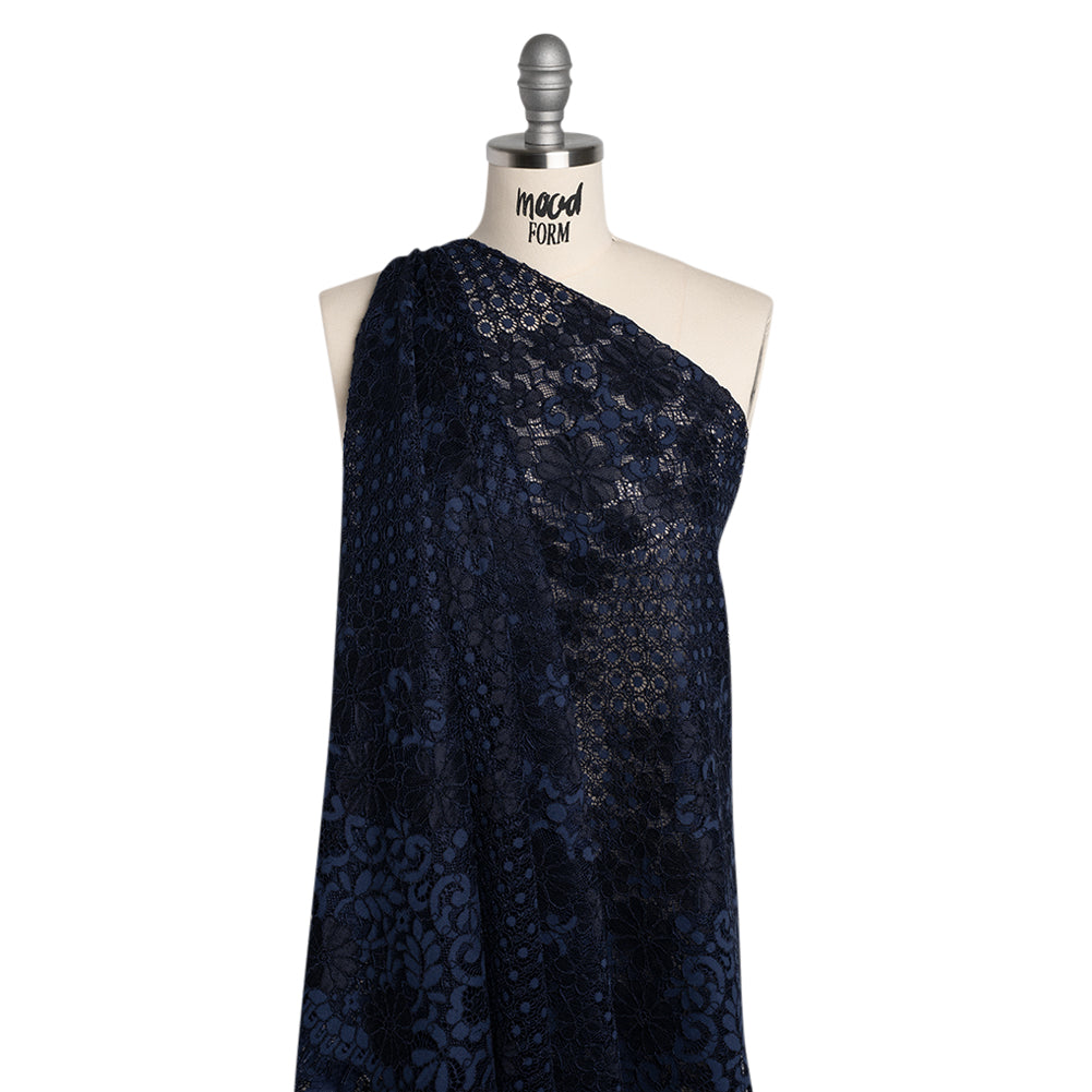Rayon and Nylon Corded Lace with Scalloped Finished Edges - Navy Blue Flower and Dot Stripes - Drape