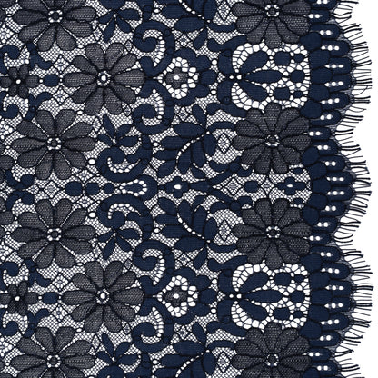 Rayon and Nylon Corded Lace with Scalloped Finished Edges - Navy Blue Flower and Dot Stripes