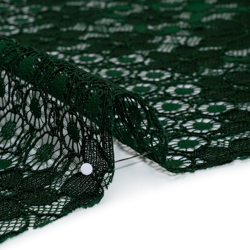Rayon and Nylon Corded Lace with Scalloped Finished Edges - Hunter Green Flower and Dot Stripes - Detail