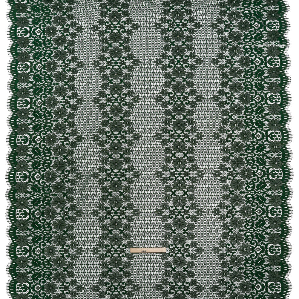 Rayon and Nylon Corded Lace with Scalloped Finished Edges - Hunter Green Flower and Dot Stripes - Full