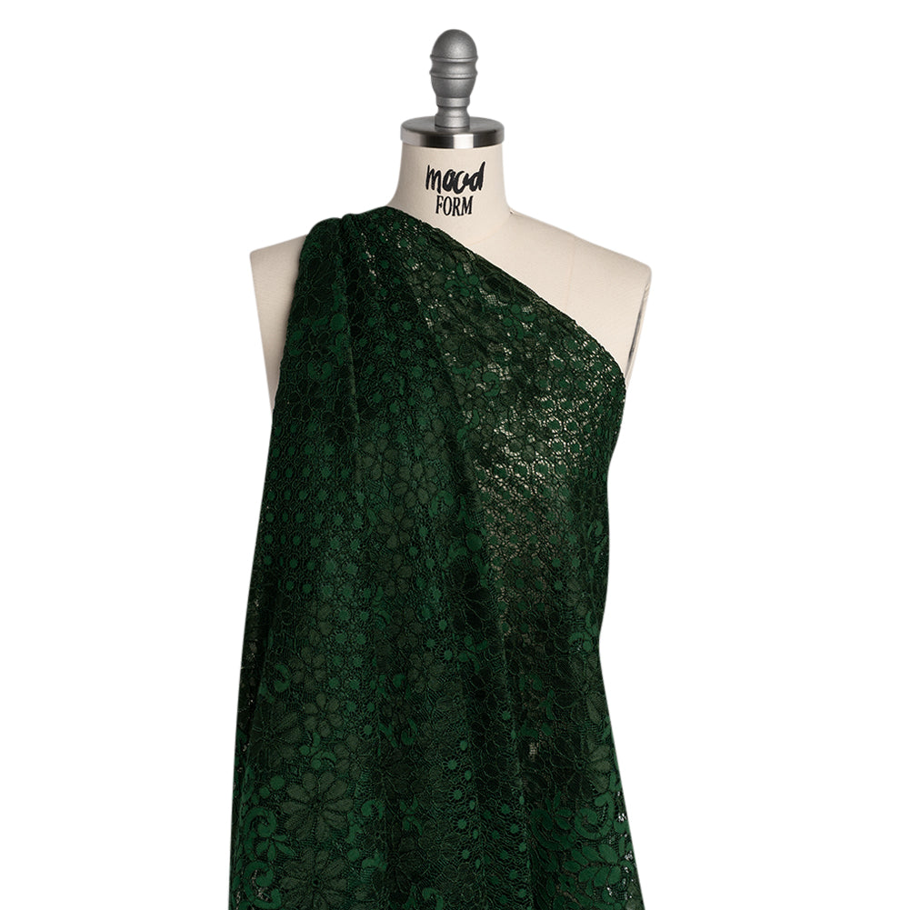 Rayon and Nylon Corded Lace with Scalloped Finished Edges - Hunter Green Flower and Dot Stripes - Drape