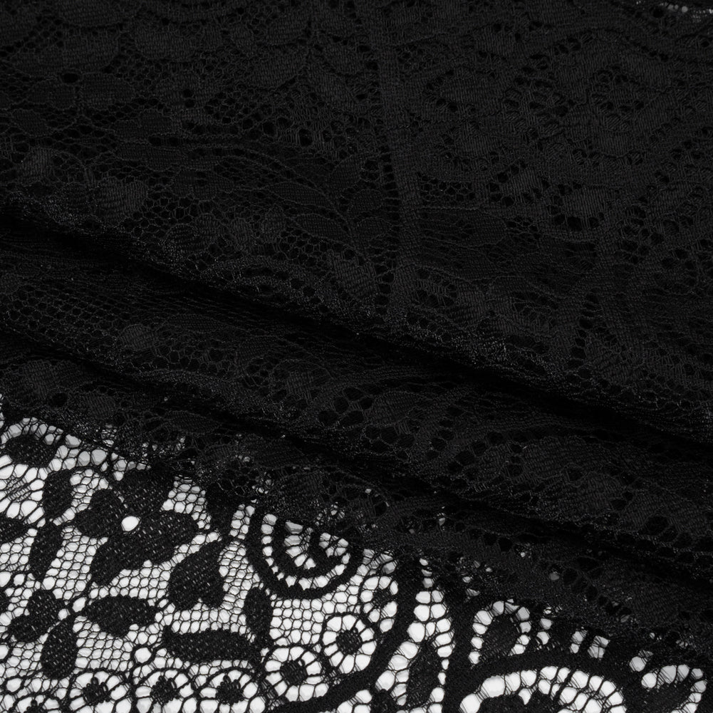 Nylon and Rayon Raschel Lace with Finished Edges - Black Flowers and Swirls - Folded