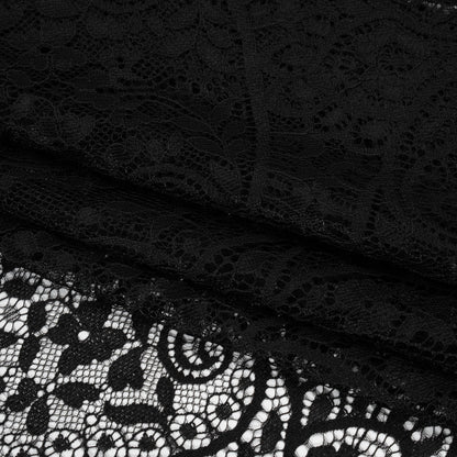 Nylon and Rayon Raschel Lace with Finished Edges - Black Flowers and Swirls