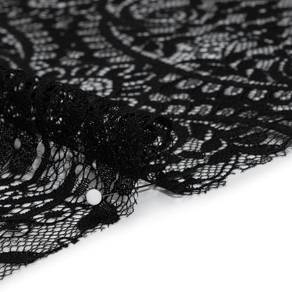 Nylon and Rayon Raschel Lace with Finished Edges - Black Flowers and Swirls