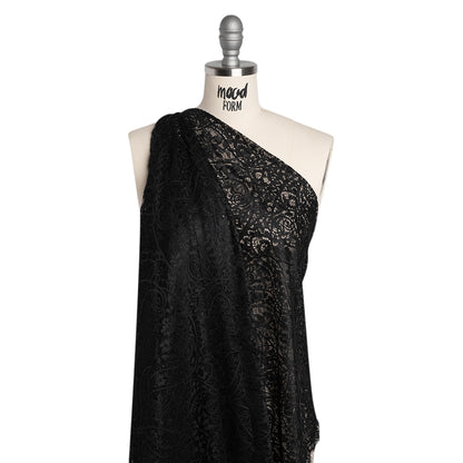 Nylon and Rayon Raschel Lace with Finished Edges - Black Flowers and Swirls