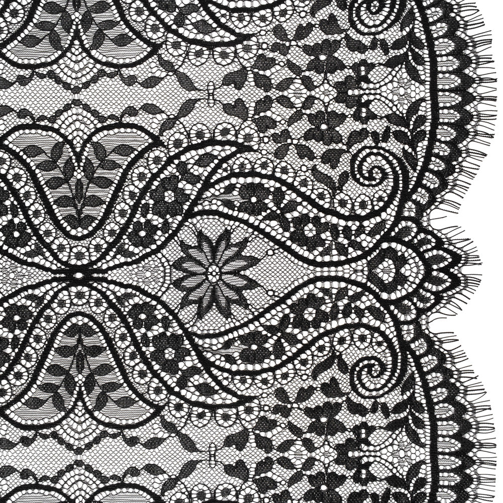 Nylon and Rayon Raschel Lace with Finished Edges - Black Flowers and Swirls