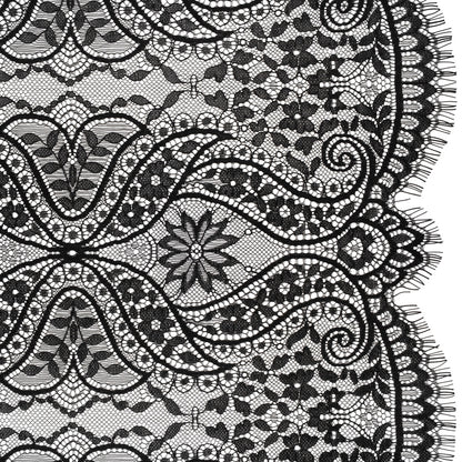 Nylon and Rayon Raschel Lace with Finished Edges - Black Flowers and Swirls
