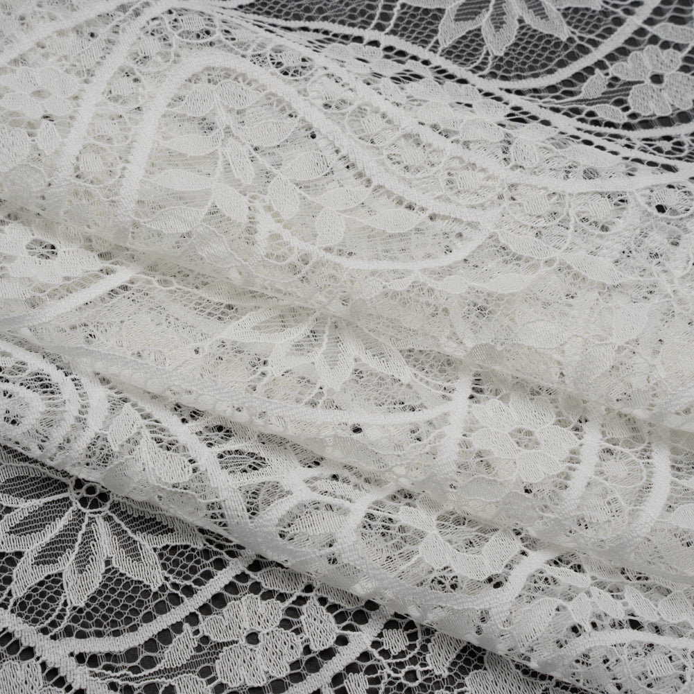 Nylon and Rayon Raschel Lace with Finished Edges - Ivory Flowers and Swirls - Folded