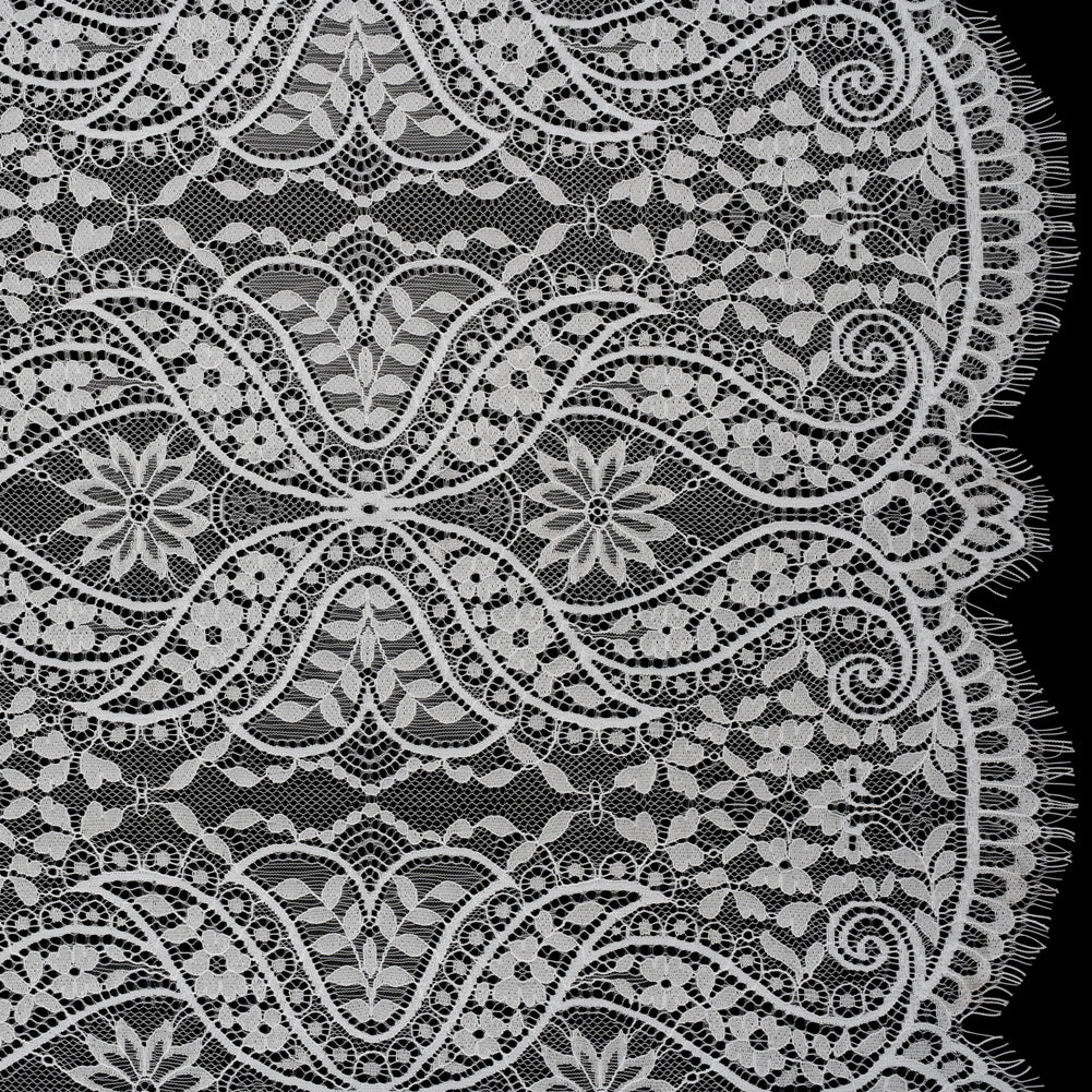 Nylon and Rayon Raschel Lace with Finished Edges - Ivory Flowers and Swirls