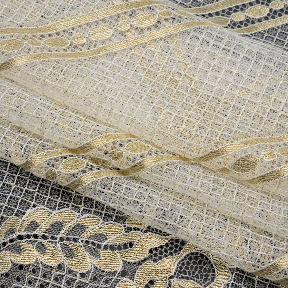 Metallic Re-Embroidered Raschel Lace - Ivory and Gold Stripes and Diamond Lattice with Floral Border - Folded
