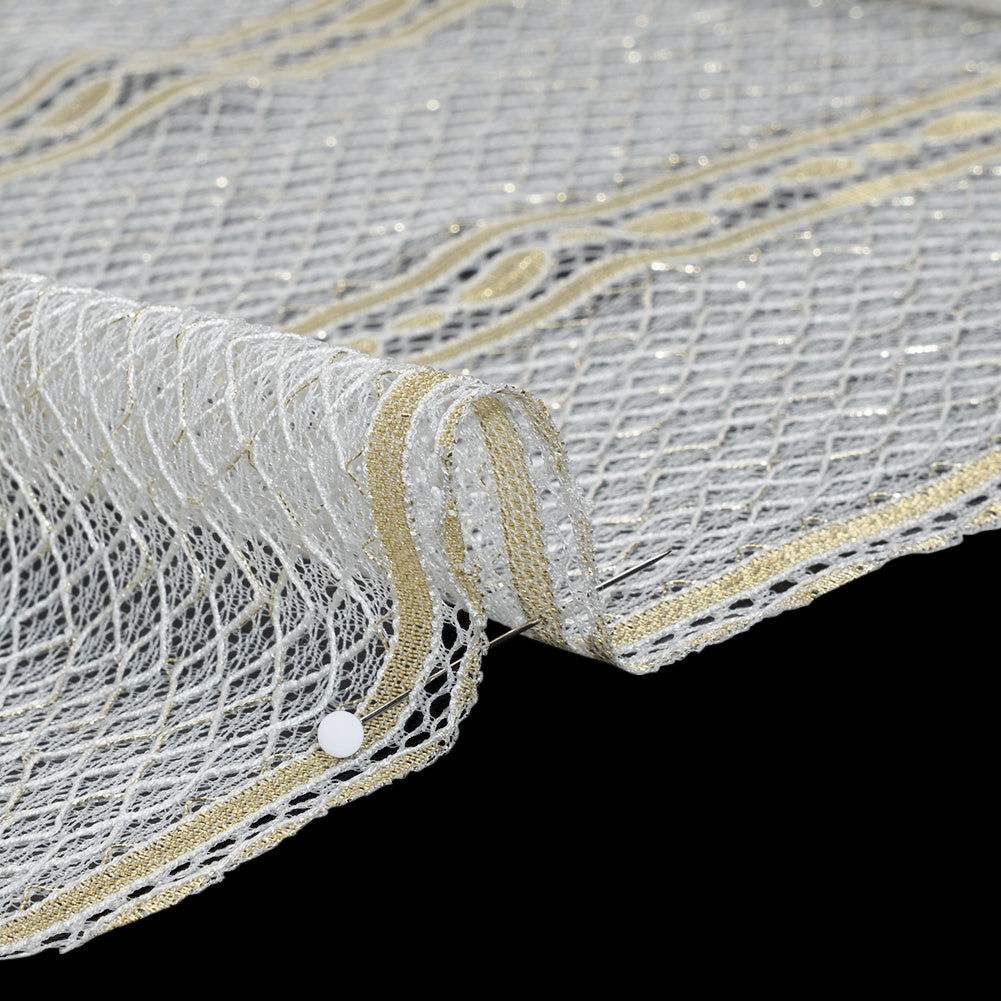 Metallic Re-Embroidered Raschel Lace - Ivory and Gold Stripes and Diamond Lattice with Floral Border - Detail