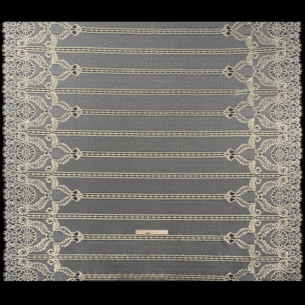 Metallic Re-Embroidered Raschel Lace - Ivory and Gold Stripes and Diamond Lattice with Floral Border - Full