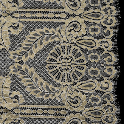 Metallic Re-Embroidered Raschel Lace - Ivory and Gold Stripes and Diamond Lattice with Floral Border