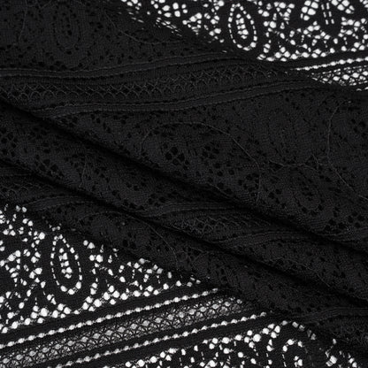 Re-Embroidered Lace with Finished Edges - Black Floral Medallion Stripes