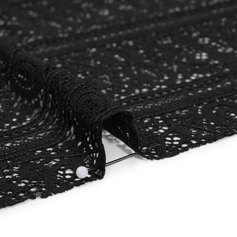 Re-Embroidered Lace with Finished Edges - Black Floral Medallion Stripes - Detail