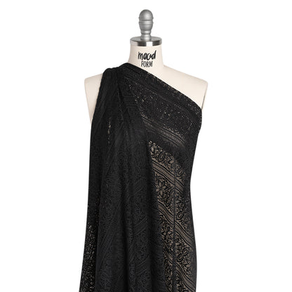 Re-Embroidered Lace with Finished Edges - Black Floral Medallion Stripes