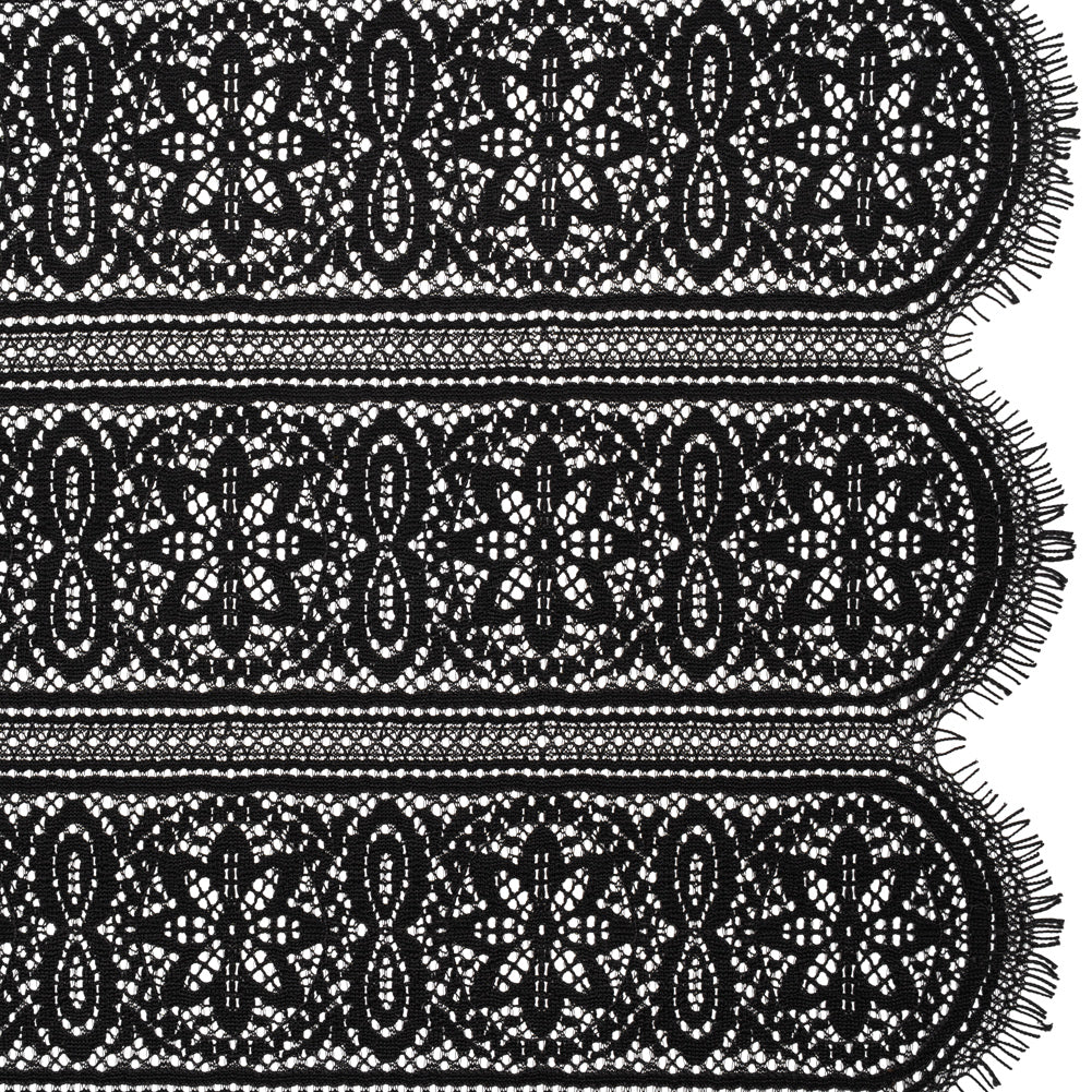 Re-Embroidered Lace with Finished Edges - Black Floral Medallion Stripes