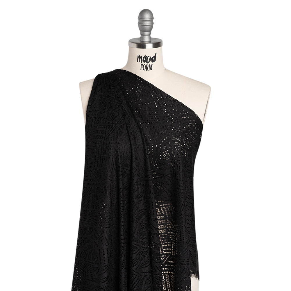 Raschel Lace with Organic Finished Edges - Black Geometry and Leaves - Drape