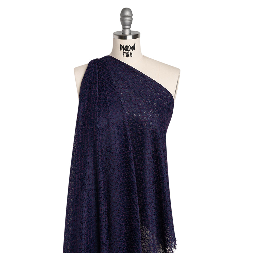 Corded Lace with Finished Eyelash Edges - Navy and Purple Diamond Lattice - Drape