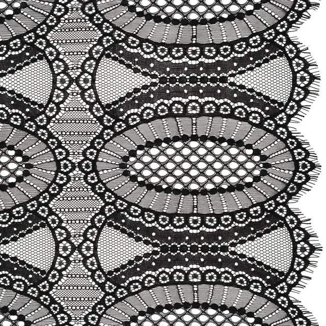 Corded Lace with Scalloped Fringe Edges - Black Geometric Lozenges