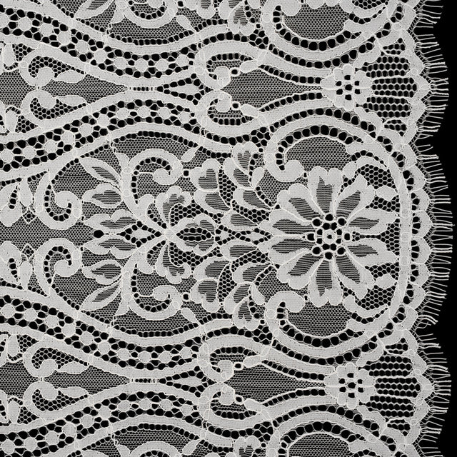 Corded Lace Panel with Finished Edges - Ivory Flowers, Dots and Wavy Lines