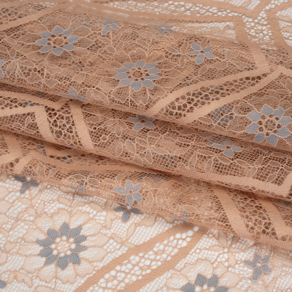 Raschel Lace Panel with Finished Edges - Sand and Steel Blue Geometric and Floral - Folded