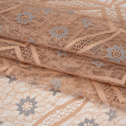Raschel Lace Panel with Finished Edges - Sand and Steel Blue Geometric and Floral