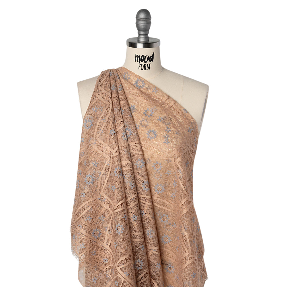 Raschel Lace Panel with Finished Edges - Sand and Steel Blue Geometric and Floral - Drape