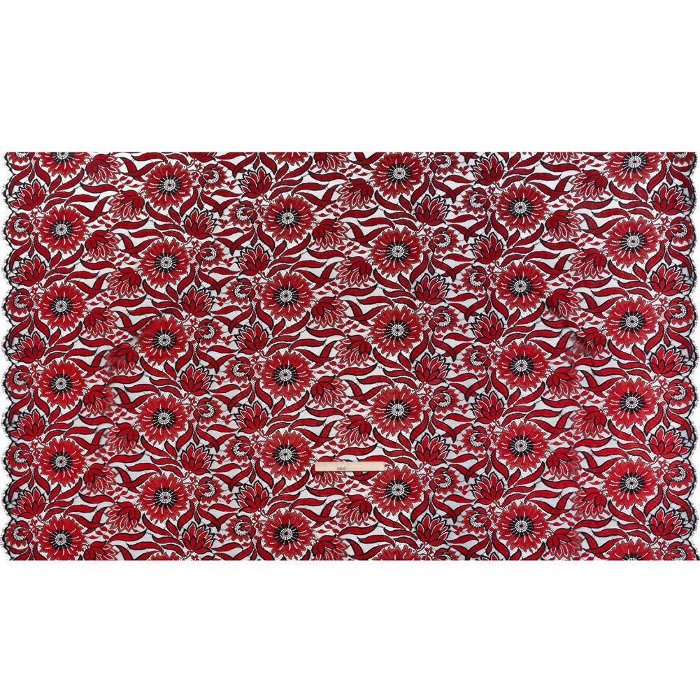 Raschel Lace Panel with Finished Edges - Black and Red Bold Daisies and Leaves - Full