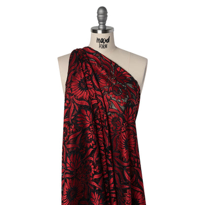 Raschel Lace Panel with Finished Edges - Black and Red Bold Daisies and Leaves