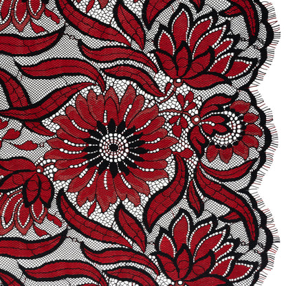Raschel Lace Panel with Finished Edges - Black and Red Bold Daisies and Leaves