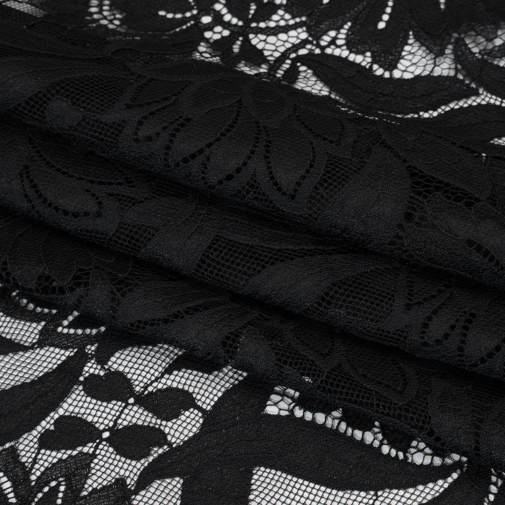 Raschel Lace Panel with Finished Edges - Black Bold Daisies and Leaves - Folded