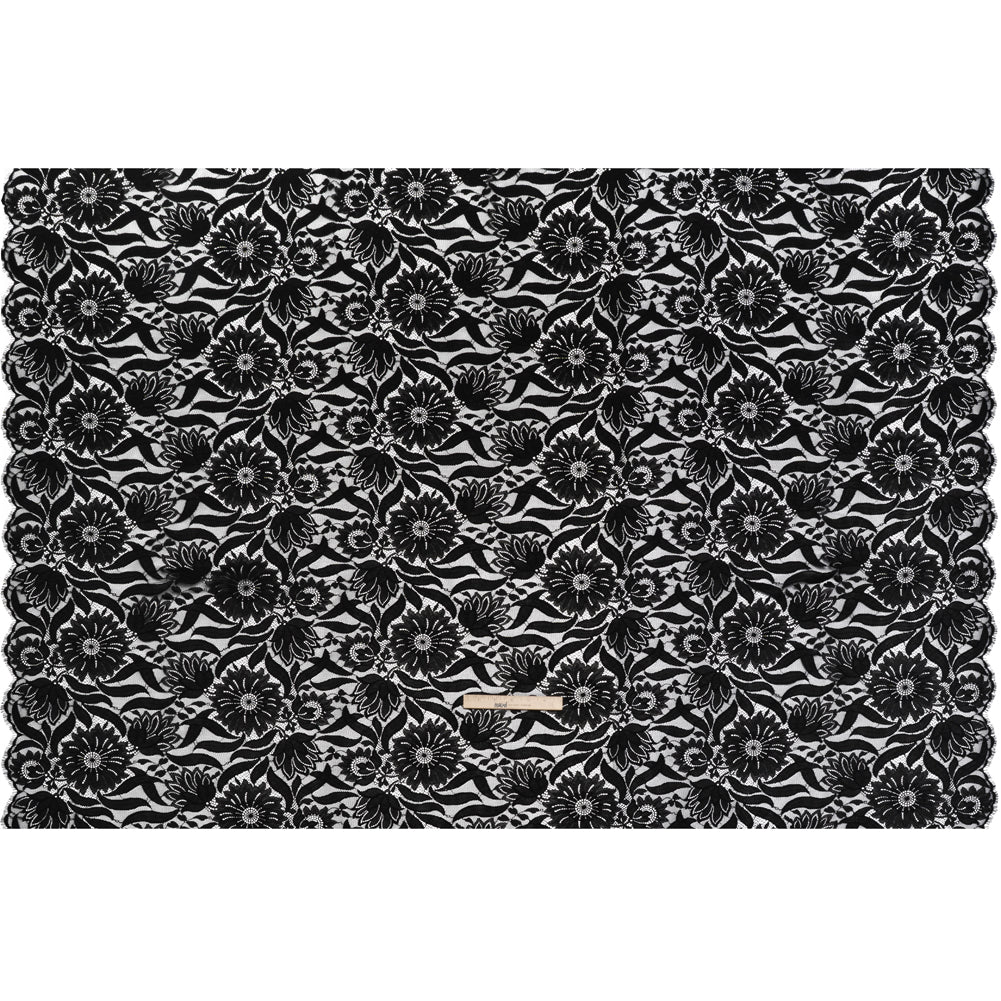 Raschel Lace Panel with Finished Edges - Black Bold Daisies and Leaves - Full