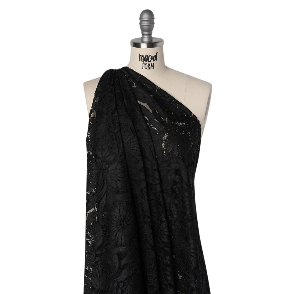 Raschel Lace Panel with Finished Edges - Black Bold Daisies and Leaves - Drape