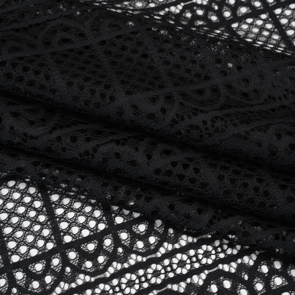 Raschel Lace Panel with Finished Edges - Black Geometric Rows of Windows - Folded