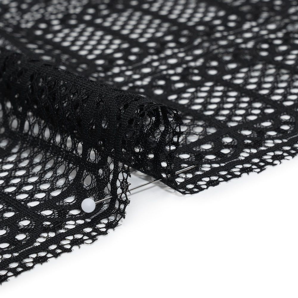 Raschel Lace Panel with Finished Edges - Black Geometric Rows of Windows - Detail