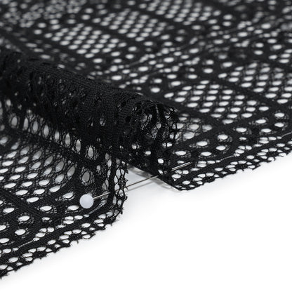 Raschel Lace Panel with Finished Edges - Black Geometric Rows of Windows