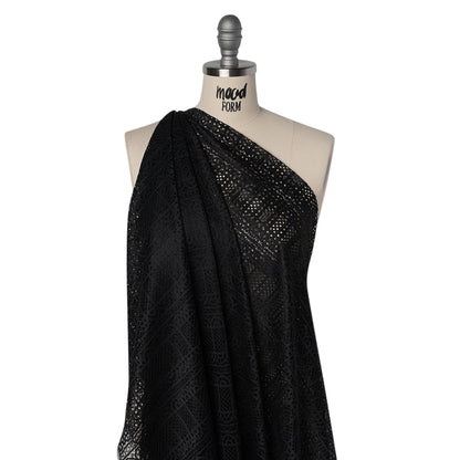 Raschel Lace Panel with Finished Edges - Black Geometric Rows of Windows
