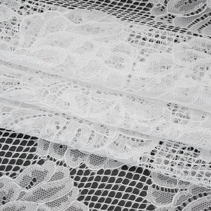 Corded Raschel Lace Panel with Finished Edges - Ivory Big Flowers on Diamond Net