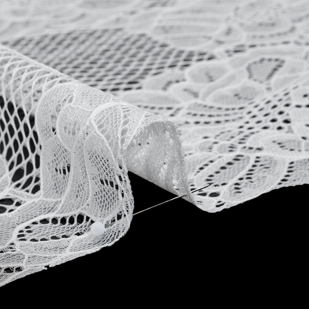 Corded Raschel Lace Panel with Finished Edges - Ivory Big Flowers on Diamond Net - Detail