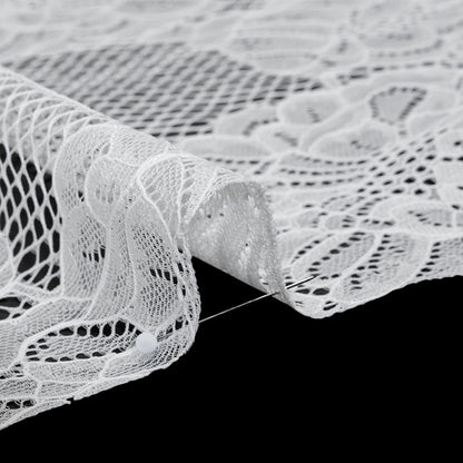 Corded Raschel Lace Panel with Finished Edges - Ivory Big Flowers on Diamond Net