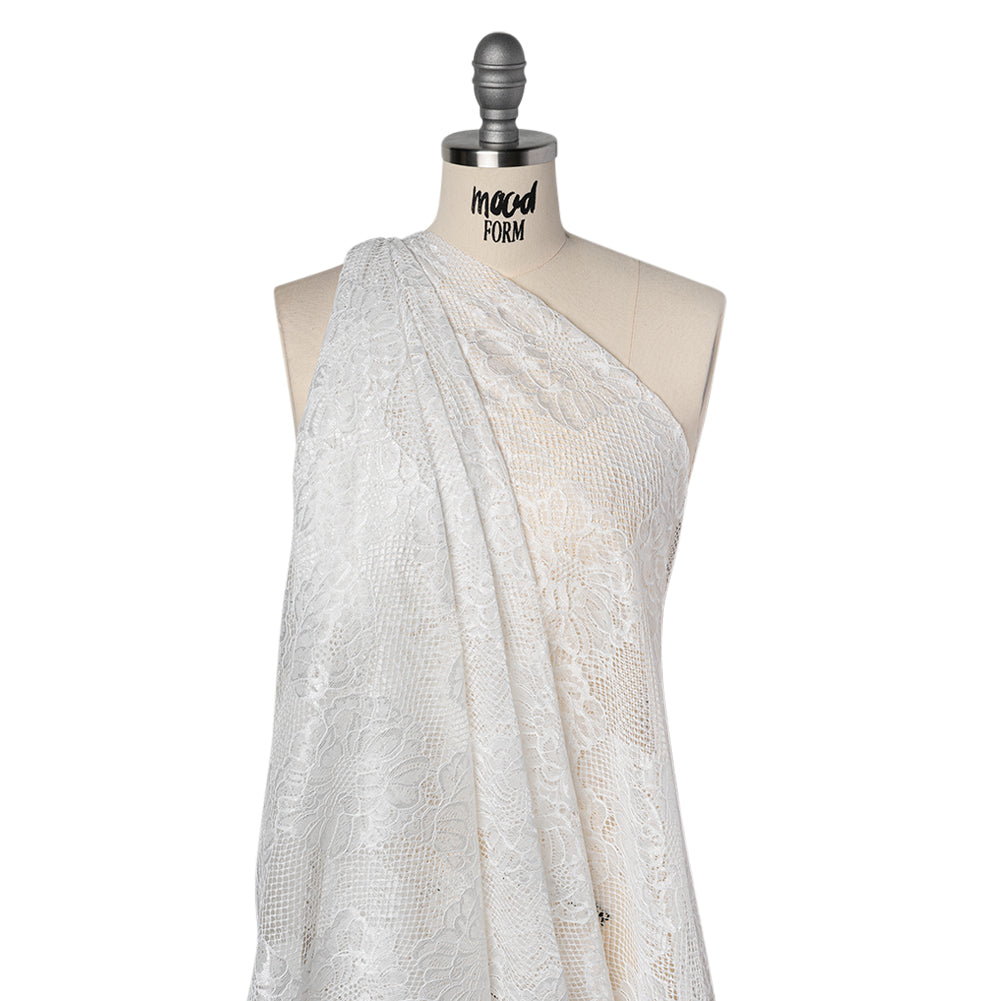 Corded Raschel Lace Panel with Finished Edges - Ivory Big Flowers on Diamond Net - Drape