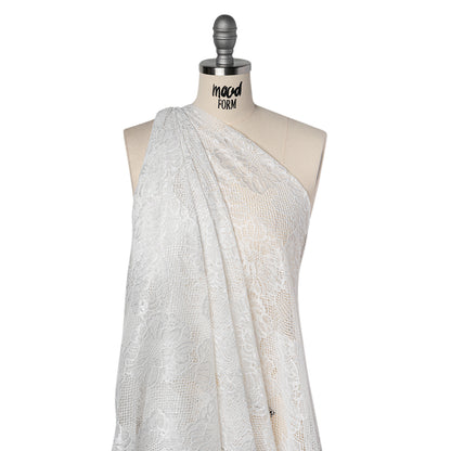 Corded Raschel Lace Panel with Finished Edges - Ivory Big Flowers on Diamond Net